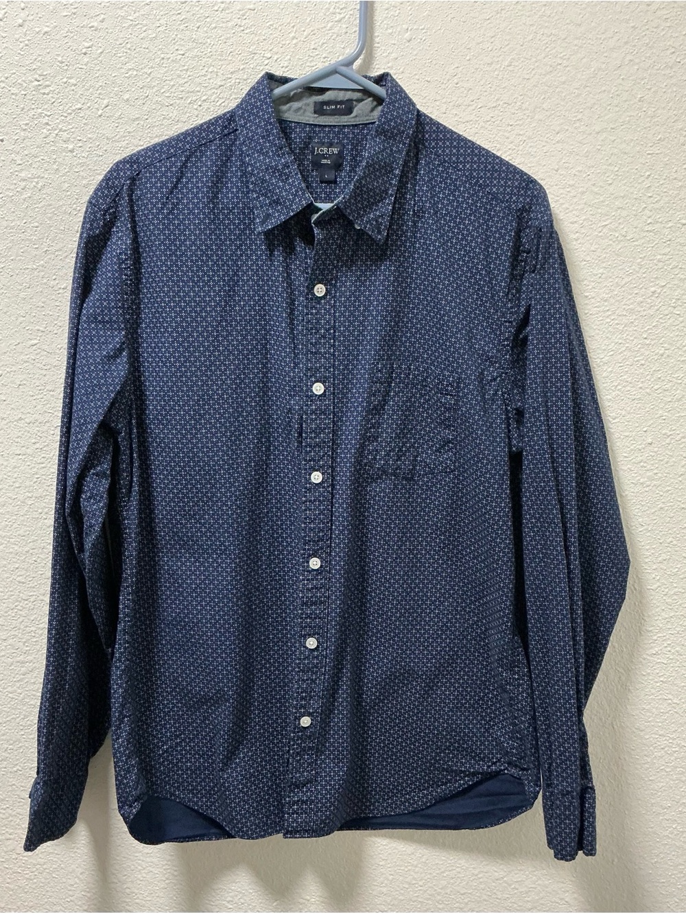 J. Crew Navy Men’s Large Blue Geometric Micro Print Logo Sleeve Button Up Shirt